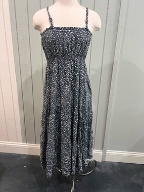 Navy Blue Floral Smocked Midi Dress